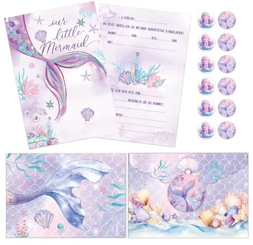 Fakindiy 12 Stück Einladungskarten Kindergeburtstag Meerjungfrau – Einladungen für Mädchen & Jungen – Partyeinladungen mit Umschlägen & Stickern