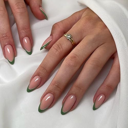 24Pcs French Tips False Nails Short, Almond Nude Green Fake Nails Glossy Press on Nails