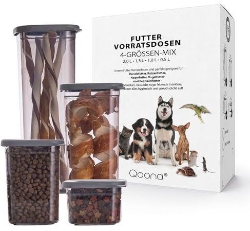 QOONA luftdichte Vorratsbehälter für Hundefutter & Katzenfutter [4er-Set] – stapelbar, platzsparend & BPA-frei – Futter Aufbewahrungsbox mit Deckel in Anthrazit | Futterdose Lebensmittelecht
