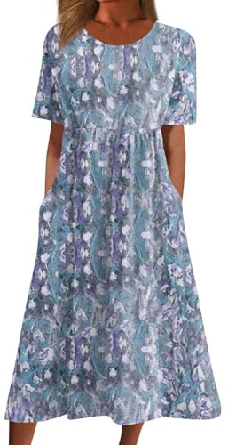 Women's Short Sleeve Maxi Summer Dresses Round Neck Pullover Dress Elegant Floral Printed Long Dress with Pocket Loose Flowy Hem Boho Dress Beach Daily Wear