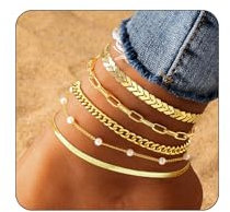 FloralGrace 5 Stück Gold Fußkettchen für Damen, Gold Vergoldete wasserdichte Kubanische Perlen Schlangenkette Fußkettchen Set, Gold Fußkettchen