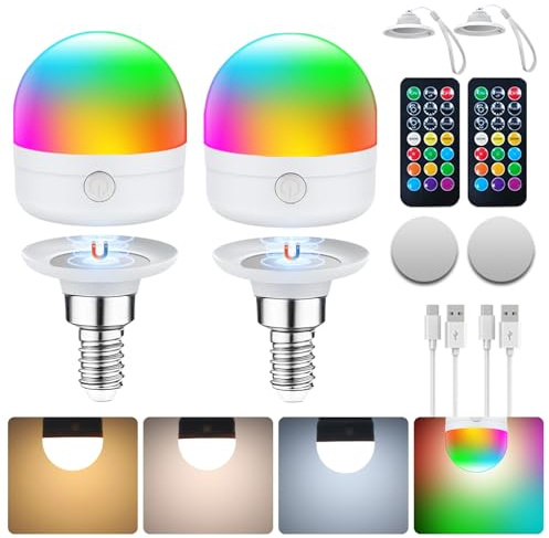 I-SHUNFA Lampadina Ricaricabile USB-C con Telecomando,Lampadine LED E14 7W,Lampadina CCTRGB Dimmerabile con Timer e Batteria,Luce di Emergenza Esterna 2000mAh con Magnetico,2 Pacchetto (con Cordino)