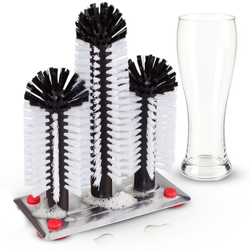 Novaliv Lave-verres avec plaque en aluminium, 3 brosses à vaisselle et ventouse, pour la maison, le bar, le comptoir, la restauration, les fêtes, l'évier, les verres à bière