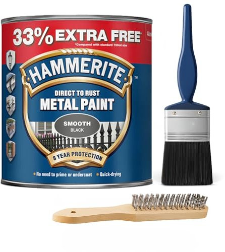 Hulthor Hammerite Black Metal Paint Kit – 1L (750ml + 33% Extra Free) Direct to Rust Metal Paint for Gates, Railings, Fences, and Furniture 2 Brush and Wire Brush – Indoor & Outdoor Use