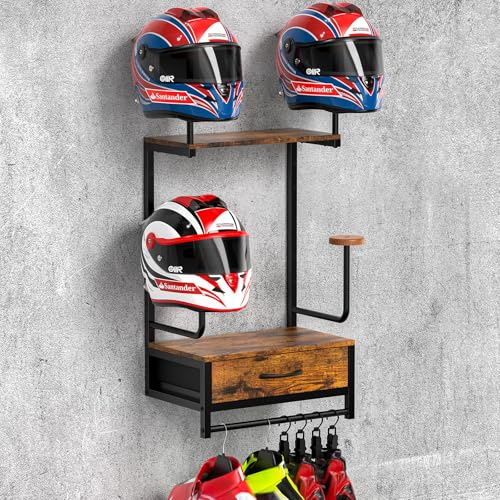 THYGIFTREE Helmhalter Wandhalterung, Motorradhelmhalter Plattenständer Display Organizer mit Schublade Motorradzubehör Helmaufhänger Wandhalterung für Fußballmotorräder (4 Säulen)