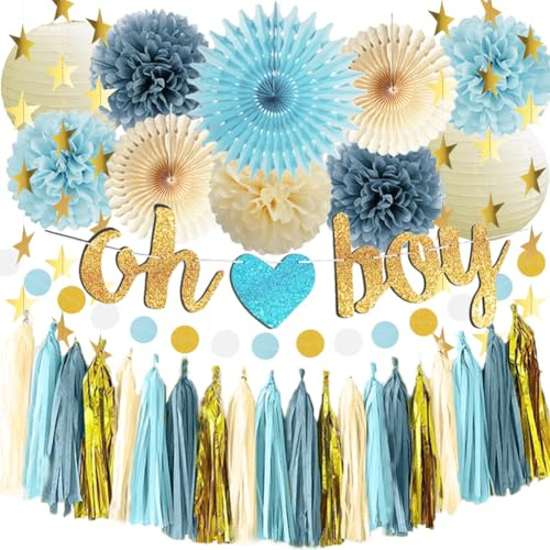 Babyparty Deko Blau Beige Gold Baby Shower Deko Junge Oh Boy Banner Blau Beige Seidenpapier Pom Poms Papier Girlande für Neutral Boy Babyparty Deko