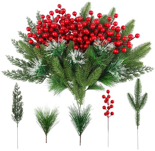 Vaskula 60 Combinaison Branche de Sapin Artificiel 5 Styles Branches Sapin Artificielles Faux Simulation Branche de Houx Noel mit Baie Rouge Deco Noel pour Bricolage Guirlande Couronne Décoration