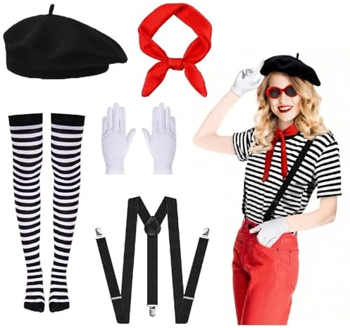 NebulaGlam Pantomime Kostüm Damen Herren, Schwarze Baskenmütze Rote Tücher Weiße Handschuhe Gurtfür Halloween Kostüm, Faschingskostüme Karneval Kostüm
