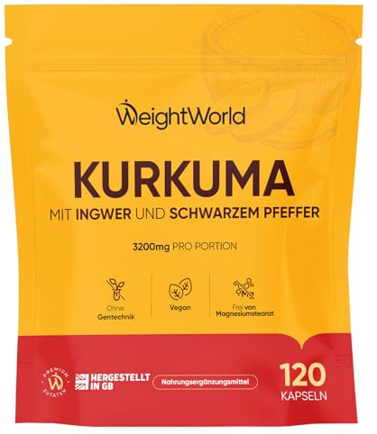 Gurkmeja Kapslar – 3200 mg per dos med Ingefära och Svartpeppar – 120 Kapslar – Återförslutningsbar påse – 2 månaders förbrukning – Vegansk – 2 Kapslar dagligen – WeightWorld