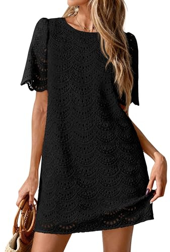 PRETTYGARDEN Women's Summer Eyelet Lace Short Dress (Black,M)