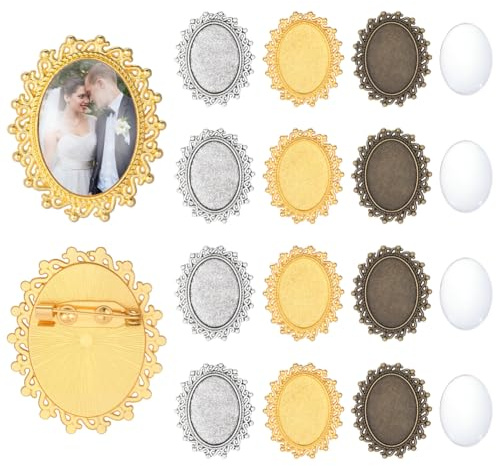 PH PandaHall 3 Couleurs Support de Broche Cabochon 12 Sets Plateaux Vierges Vintage avec Cabochons en Verre Épingles à Broche Ovales Support pour Cabochon Épingles Photo Base Bijoux Noël