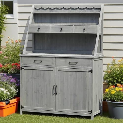 Beatrix Wooden Garden Potting Table with Storage, Grey, 113x47x164cm, Outdoor Workstation Bench with Drawers, Shelves and Cabinet
