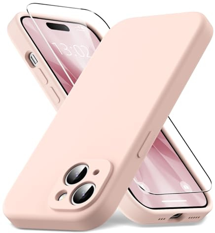 Vansdon Coque pour iPhone 15,Housse Silicone Liquide Mince, Rose | Doublure Microfibre Anti-Rayures, 1x Film de Protection en Verre Trempé, Protection Antichoc