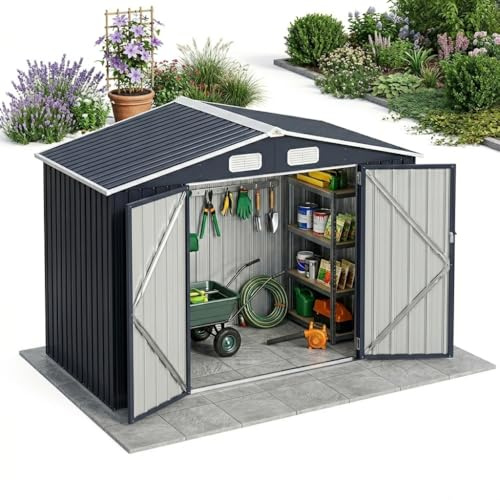 Abri de Jardin en Acier Galvanisé, Cabane à Outils avec Toit Incliné, 4 Aérations, Portes Verrouillables, Fondation, Abri de Stockage Extérieur pour Outils de Jardinage, Vélos, 193 x 108 x 196 cm