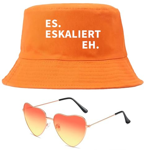 Scinzene Es Eskaliert Eh Fischerhut Set Orange mit Herzbrille, Lustiger Party Hut und Brille für Festival Outfit Damen Herren, Malle Outfit, Karneval, Mallorca Zubehör, Cooles Party für Aperol Hut