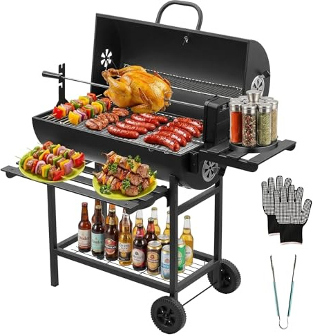 DEWINNER Grill XXL a Carbone da Legno, Acciaio al Carbonio con Coperchio e Termometro, Tostatura per Pollo Rimovibile, Guanti anti-bruciore e Pinze in omaggio Rotelle, Ideale Giardino/Terrazza