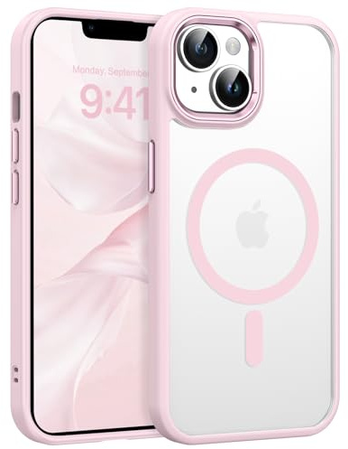 Telaso Zweifarbig für iPhone 14 Hülle mit Magsafe, Transparente Rückwand Handyhülle iPhone 14 Case, Ultra Dünn Metalltasten Schutzhülle, Rosa Rahmen und Clear Rückwand