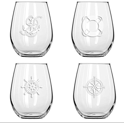 Set di 4 barca – Stemless Wine glasses-nautical a tema, Tritan, 453,6 gram, piscina bicchieri di vino, antischeggia bicchieri per vino o cocktail Variation 1