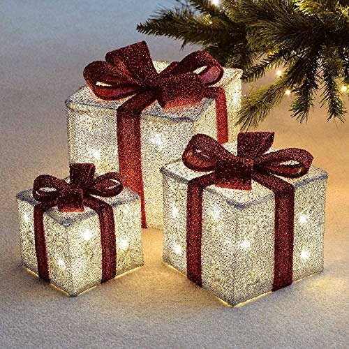 Decorative Coloured Christmas Parcel LED Light-Up Set with Bow | Indoor Outdoor Xmas Lights | Festive Holiday Sparkle Decor - Set of 3 Gift Box Decorations (Silver & Red)