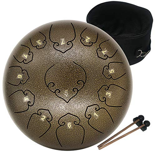 Amkoskr Stahlzungentrommel, 12 Zoll 30 cm Steel Tongue Drum, C-Dur 13 Noten, Handtrommel HandPan Drum mit Drumsticks/Tragetasche(Kaffee)