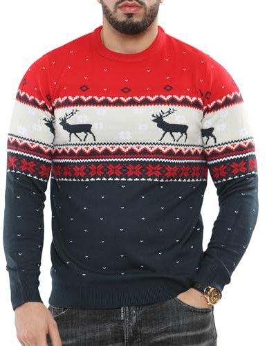 NOROZE Herren Weihnachtspullover Weihnachten Pullover Faire Insel Weihnachtsbaum Rentier Schneeflocken Hoho Neuheit Strickpullover Sweater Jumper (M, Schneeflocken Rentier Marine)