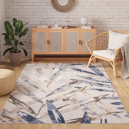TAPISO Patio Teppich Indoor Outdoor Grau Blau Creme Blätter Sisal Optik Strapazierfähig Flachgewebe Terrasse Wohnzimmer Balkon ÖKO-TEX 140 x 200 cm