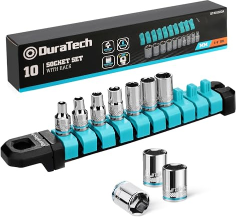 DURATECH 1/4 Drive Metric Socket Set, 10PCS, 4-13mm, 6-Point Shallow Socket Set with Storage Rack