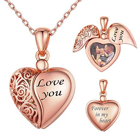 SILVERCUTE Damen Fotokette personalisierte Anhänger Silber 925 Rose Herz Medaillon zum Öffnen Bild Amulett Rosegold vergoldet Schmuck Accessoire für Weihnachten Valentinstag