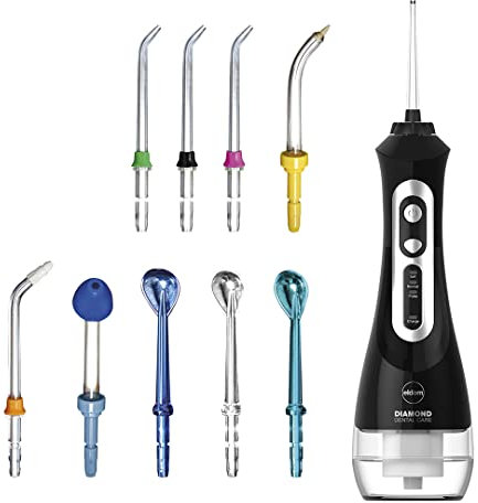 ELDOM RY100 - Irrigatore Orale con 3 Livelli e 9 Accessori, Senza BPA, Pulizia dei Denti con Filo interdentale, Colore Nero