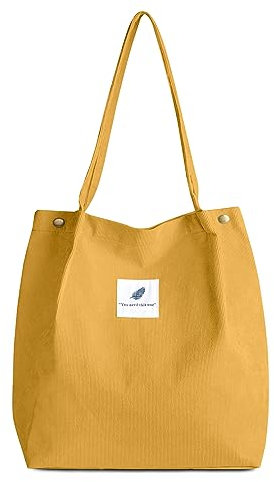 FITDON Cord Umhängetasche Damen, Groß Schultertasche Canvas Tasche Tote Handtasche für Alltag, Büro, Schulausflug und Einkauf - Gelb