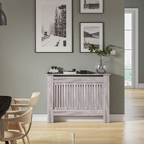 BELIWIN Radiator Cover Heater Cover Cabinet Radiator Shelf MDF Wood Vertical Slat White Grey Radiator Covers Living Room Furniture (grey, M)