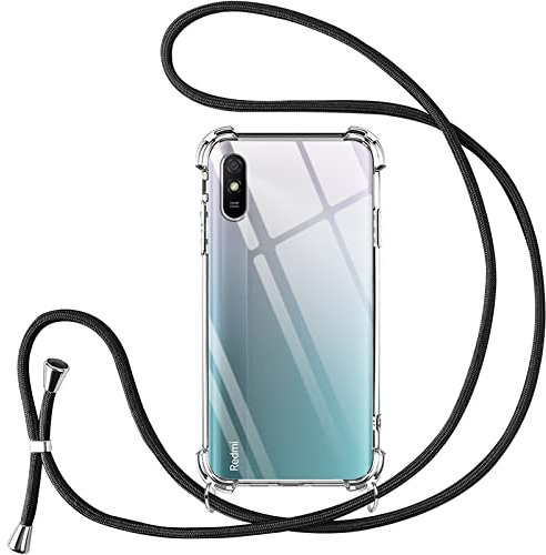 Vauki handyband für Xiaomi Redmi 9A/9AT hülle mit Band Handyhülle Silikon Transparent zum Umhängen Stoßfest mit Kordel Necklace Schnur TPU Bumper Case für Redmi 9A