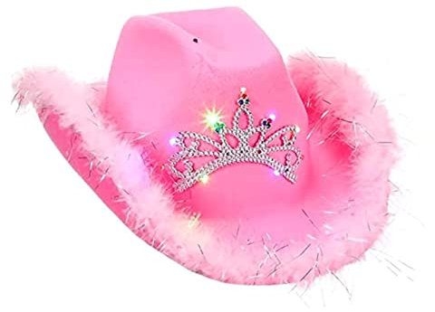 Caziffer Cappello da Cowgirl per Adulti Cowboy Rosa Costume da Principessa Cappelli Piuma Lampeggiante Corona di Strass Cappello da festa in Costume Helloween Natale (B, Taglia unica)