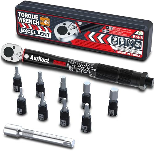 Aurlloct Drehmomentschlüssel Satz 3-33 Nm 1/4 Zoll, Fahrrad und Motorrad,11-tlg. inkl. Verlängerung mit 10 cm, Hex und Torx Bit