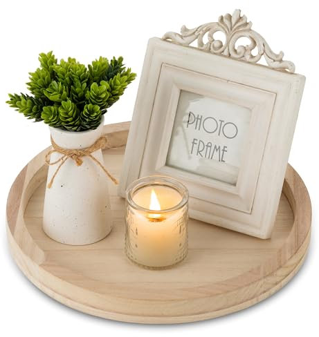 Hanobe Round Wood Candle Tray: Rustic Wooden Candle Holder Natural Pillar Stand Farmhouse Tea Light Plate Base for Living Room Coffee Table Centerpiece for Kitchen Counter Bathroom Home Decor,11.8