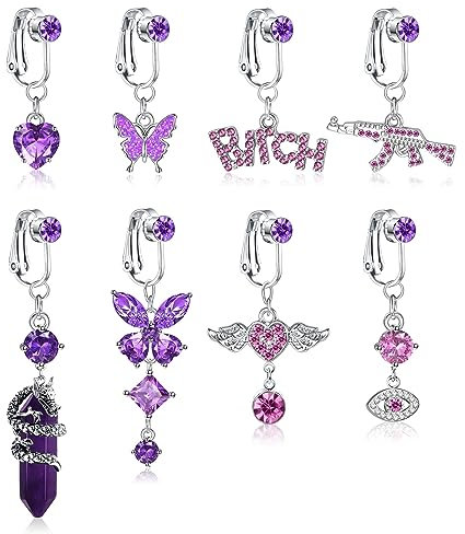 Kakonia 8 Stück Fake Bauchnabelpiercing für Damen Clip On Bauchnabelpiercing Fakes Ring Silber Chirurgenstahl Falsche Schmetterling Herz Faux Piercing Bauchnabel