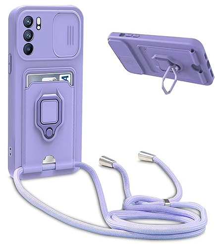 Cover Compatibile con Oppo Reno 6 5G con Cordino,Custodia con Cordino Silicone Cover,Protezione Fotocamera,360°Anello Supporto,Porta Carte,Viola