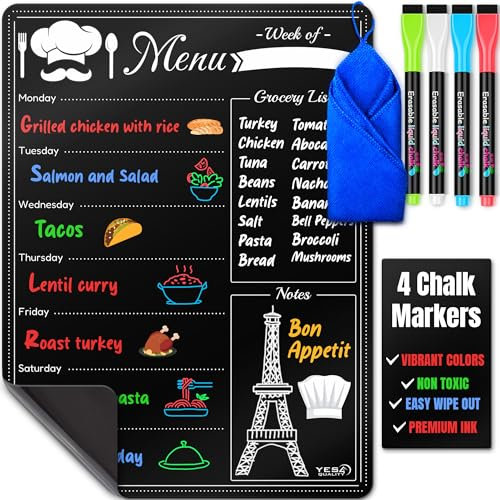Magnetic Dry Erase Menu Board - A3 / 40x30 cm, Black - Weekly Meal Planner Blackboard for Fridge - Use for Dinner Menus & Grocery Lists - Includes 4 Neon Chalk Markers & Cloth Eraser - by Yes4Quality