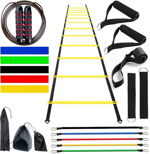 NIUNIAJ Kit Allenamento Calcio,Accessori Calcio,Scaletta Allenamento Calcio 6M 12 Piolo,1 Corda per Saltare 5 Elastici Fitness 5 Bande di Resistenza Fitness Set di velocità e Agilità