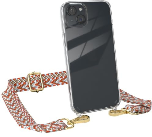 EAZY CASE - Handykette mit verstellbarem Trageriemen für iPhone 15 Plus - Taschengurt zum Wechseln mit transparenter Handyhülle für iPhone 15 Plus Hülle dünner Schulterriemen in Blau Rot Gold