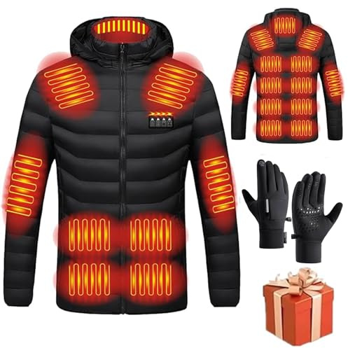 Heizjacke Herren Damen Beheizbare Jacke Beheizte Jacke Wärmende Beheizbare Weste Winter Warm Daunenjacke mit 3 Temperaturstufen 19 Heizzonen Heizmantel Kapuze Funktionsjacke Winddicht Outdoorjacke