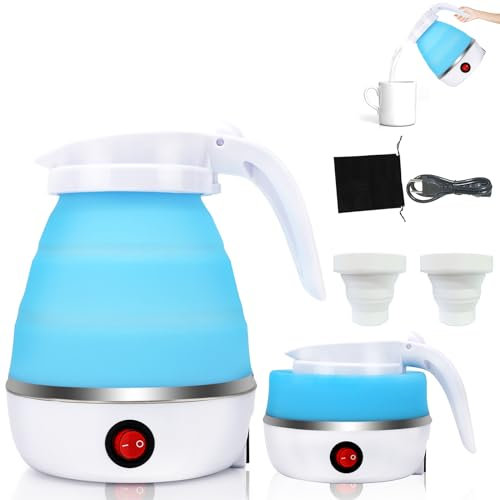 Piashow Wasserkocher Faltbar, 600ml Camping Mini Reisewasserkocher Klein Silikon Faltbarer Wasserkessel mit 2 Faltbecher, Tragbarer Elektrischer für Camping, Reise, Outdoor