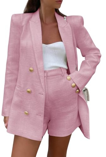 Cicy Bell Set da 2 Pezzi da Donna in Tweed con Giacca e Pantaloncini, a Maniche Lunghe, Doppiopetto, Abbigliamento da Lavoro, Rosa, L