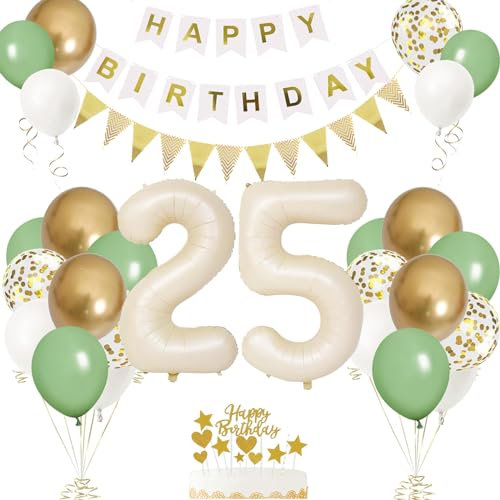 25th Birthday Decorations for Men Women - Sage Green, White, Gold Balloons With Number 25 Foil Balloon, Happy Birthday Banner, Cake Topper for Party