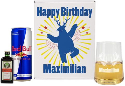 Herz & Heim® Geschenkset mit graviertem Longdrinkglas & Kräuter, Energy Drink (Fliegender Hirsch)