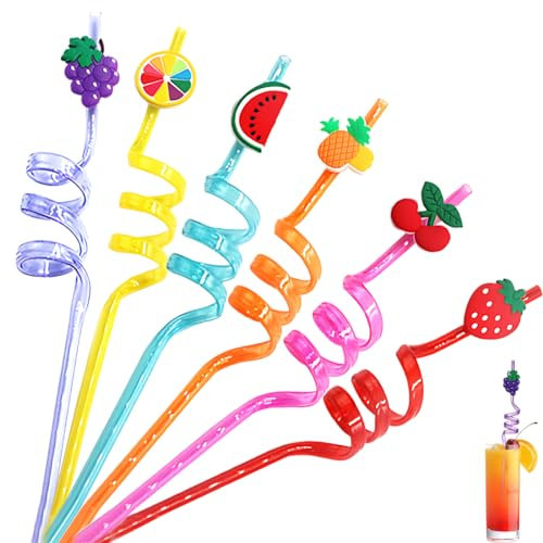 Zeayebsr 6pcs Pailles Fruits,Paille Enfant, Pailles en Plastique Rigide Bouclées Pailles à Boire Réutilisables pour Enfants Pailles Spirales pour Fournitures de Fête d'anniversaire, pailles