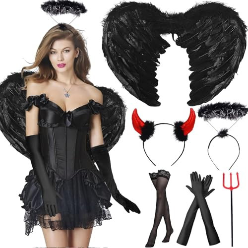 Disfraz de ángel negro, 6 unidades, disfraz de ángel negro, 60 cm, alas negras, juego de disfraz de ángel negro, alas negras, disfraz de ángel negro, disfraz para adultos, Halloween, cosplay, fiesta