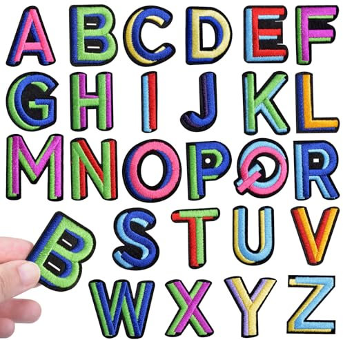 52 Stk Patches zum Aufbügeln, Aufnäher zum Aufbügeln von Buchstaben, A-Z Alphabet Applikation Stoff Bestickte Flicken, Dekorative Reparaturflicken, Aufbügeln oder Aufnähen, für Jacken Kleidung Jeans