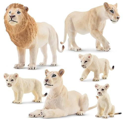 toymany 6PCS Realistic White Lion Figurines with White Lion Cubs | Realistic Jungle Animals Figures Plastic Wildlife Family Set, Educational Toy Cake Toppers Christmas Birthday Gift for Kids