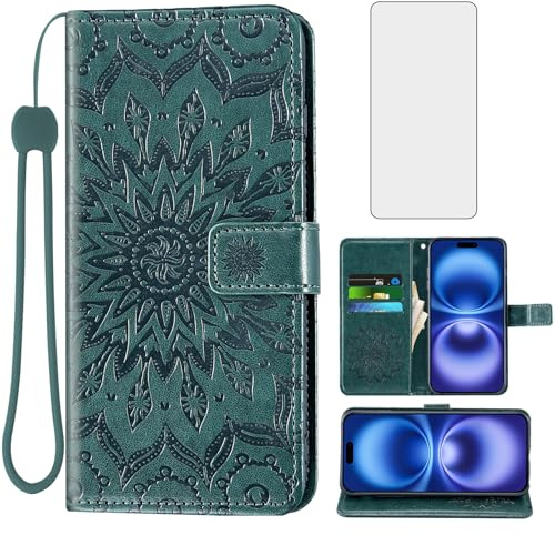 Asuwish Phone Case for iPhone 16 6.1 inch Wallet Cases with Tempered Glass Screen Protector and Sunflower Leather Slim Flip Cover Card Holder Stand Cell Accessories i Phone16 i16 16Case Men Dark Green
